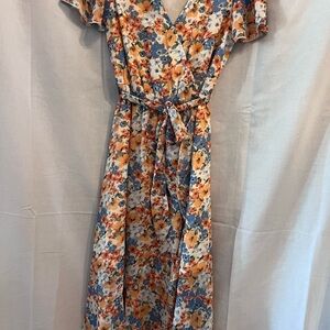 Orange and Brown Flutter Sleeve V-Neck Maxi Sundress